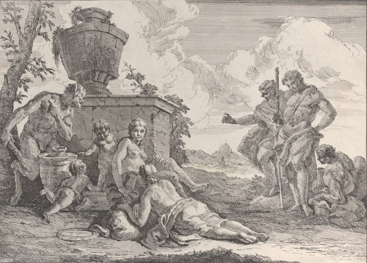 सैटियर विथ क्लब एंड सेवन फिगर्स फ्रॉम बच्चनल्स एंड हिस्ट्रीज, 1744। द्वारा फ्रांसेस्को फोंटेबेसो