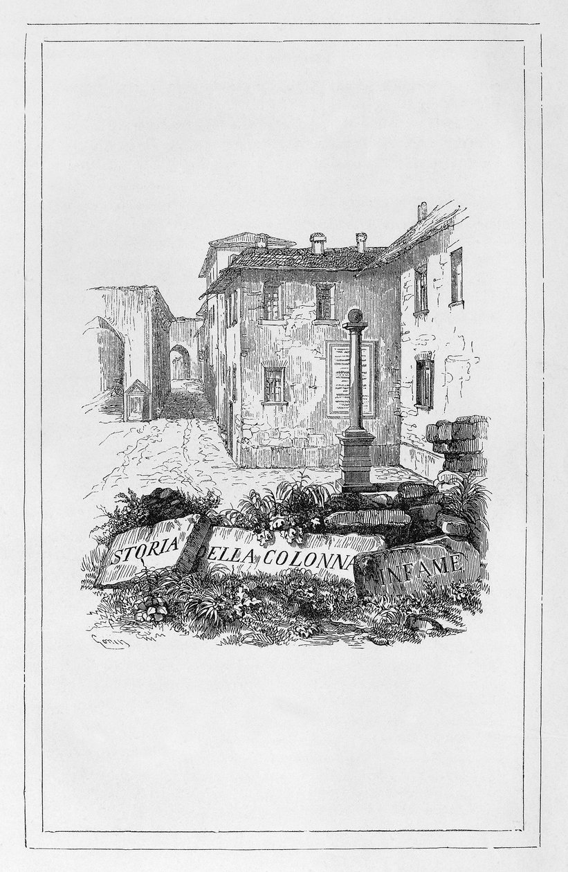 बदनामी के स्तंभ का इतिहास, एलेसेंड्रो मंज़ोनी (1785-1873), इटली द्वारा ऐतिहासिक निबंध के लिए फ्रांसेस्को गोनिन (1808-1889) द्वारा शीर्षक पृष्ठ द्वारा फ्रांसेस्को गोनिन