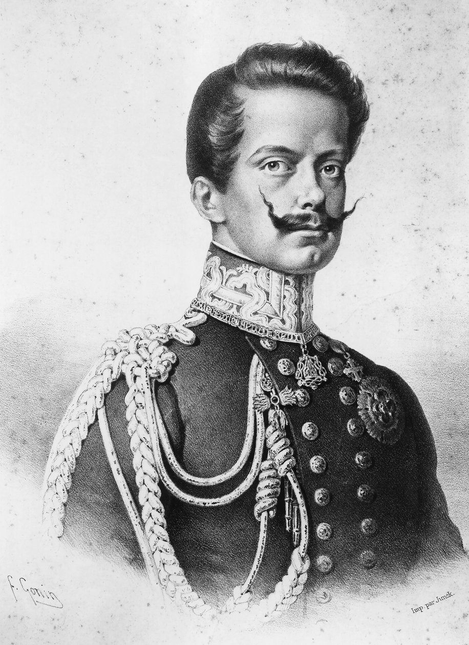 विटोरियो इमानुएल II (1820-1878) का पोर्ट्रेट, इटली का पहला राजा, फ्रांसेस्को गोनिन द्वारा लिथोग्राफी (1808-1889) द्वारा फ्रांसेस्को गोनिन