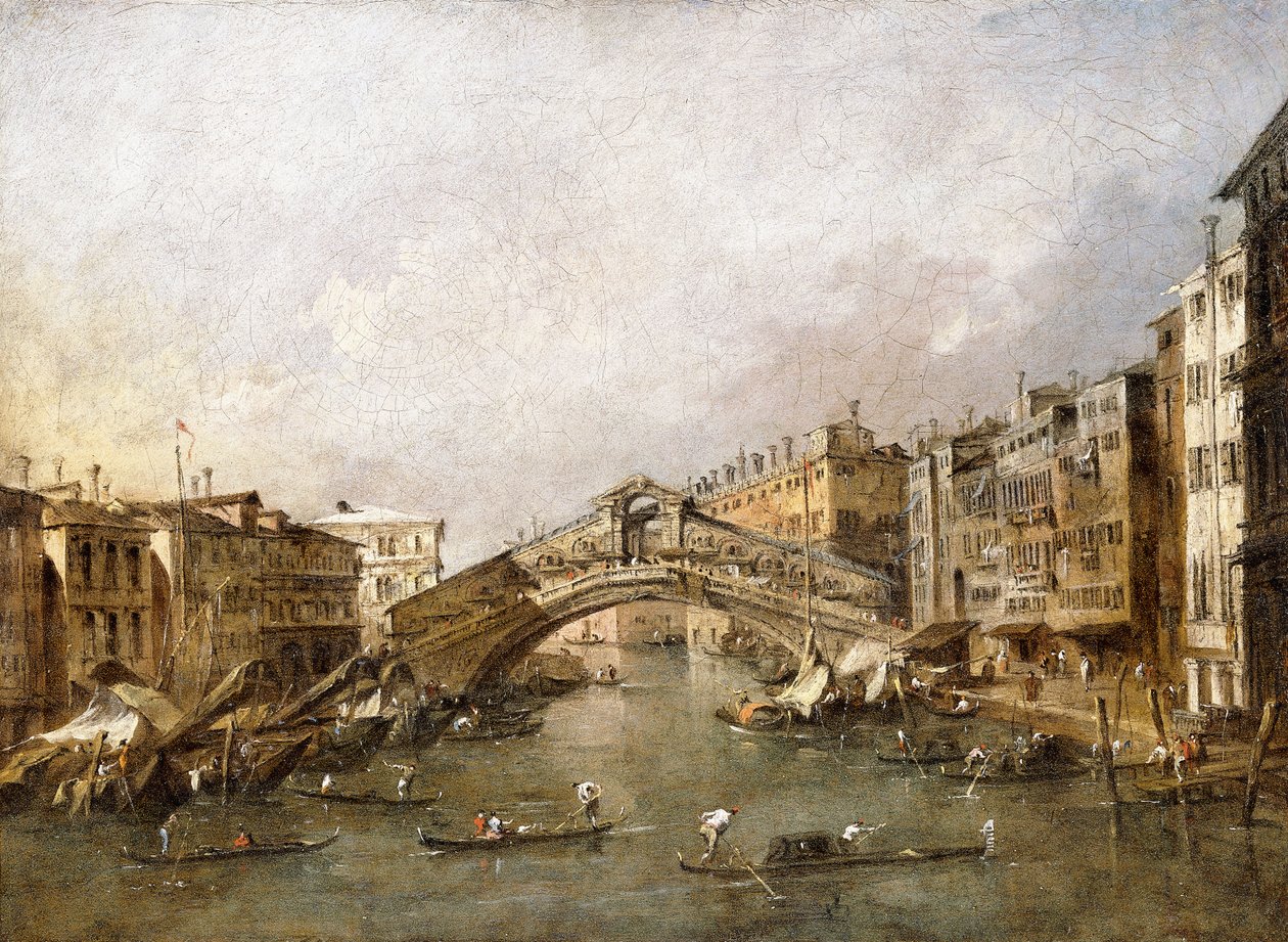 Rialto Bridge, वेनिस, अग्रभूमि में गोंडोलस के साथ, द्वारा फ्रांसेस्को गार्डी