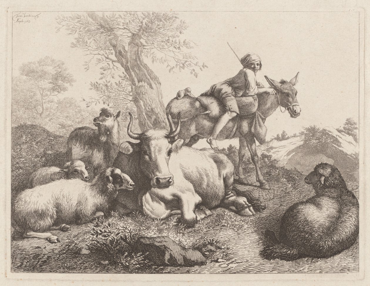 1763 में जानवरों के एक समूह को देख रहे गधे पर बैठा लड़का। द्वारा फ्रांसेस्को लंदनियो