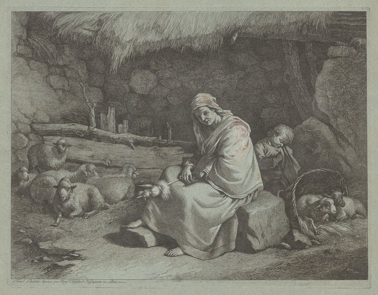 एक बैठे हुए स्पिनर और सोते हुए बच्चे के साथ एक अस्तबल का इंटीरियर, 17591782। द्वारा फ्रांसेस्को लंदनियो