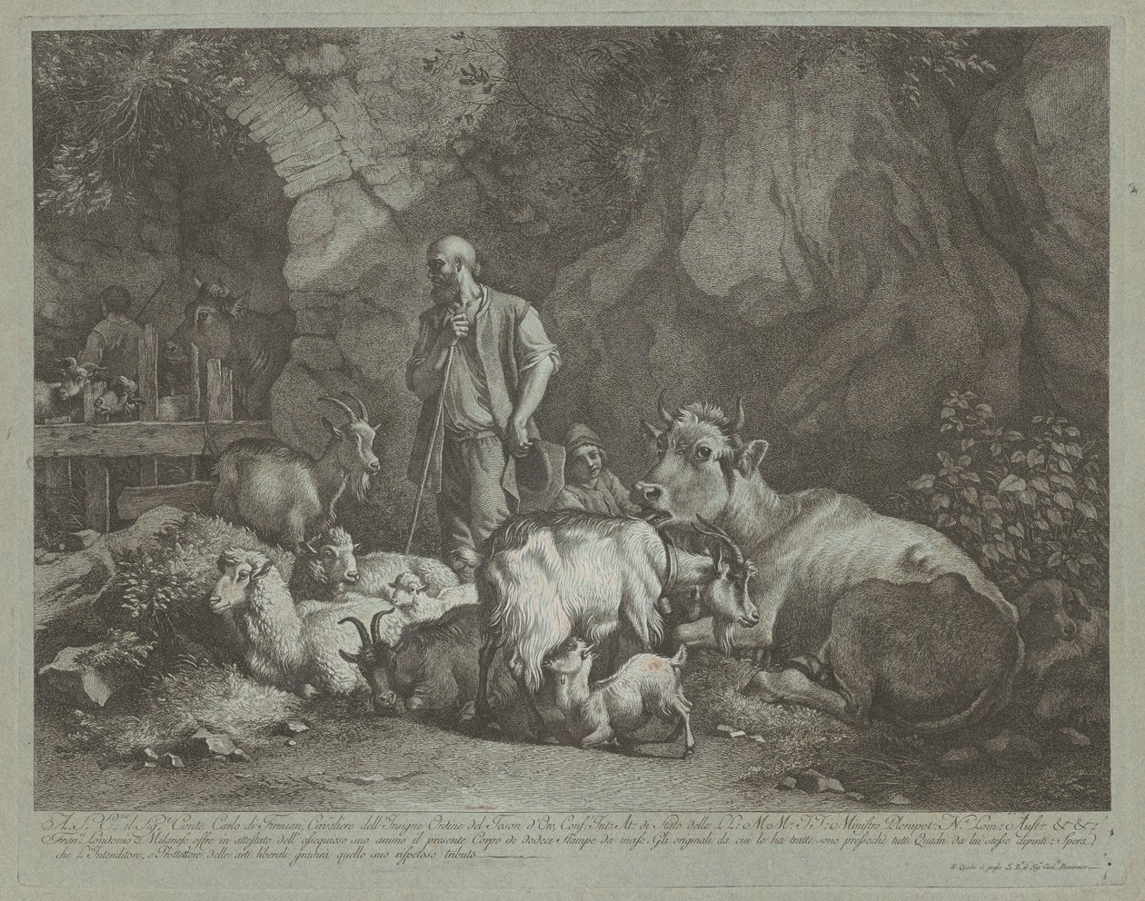 1766 के बाद बूढ़ा, गंजे सिर वाला चरवाहा, बैठा चरवाहा लड़का और झुंड। द्वारा फ्रांसेस्को लंदनियो