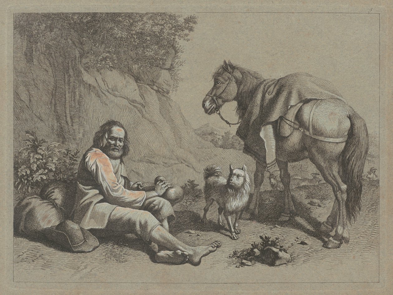 एक लौकी से पीने के बारे में बैठा बूढ़ा आदमी, c. 1763. द्वारा फ्रांसेस्को लंदनियो