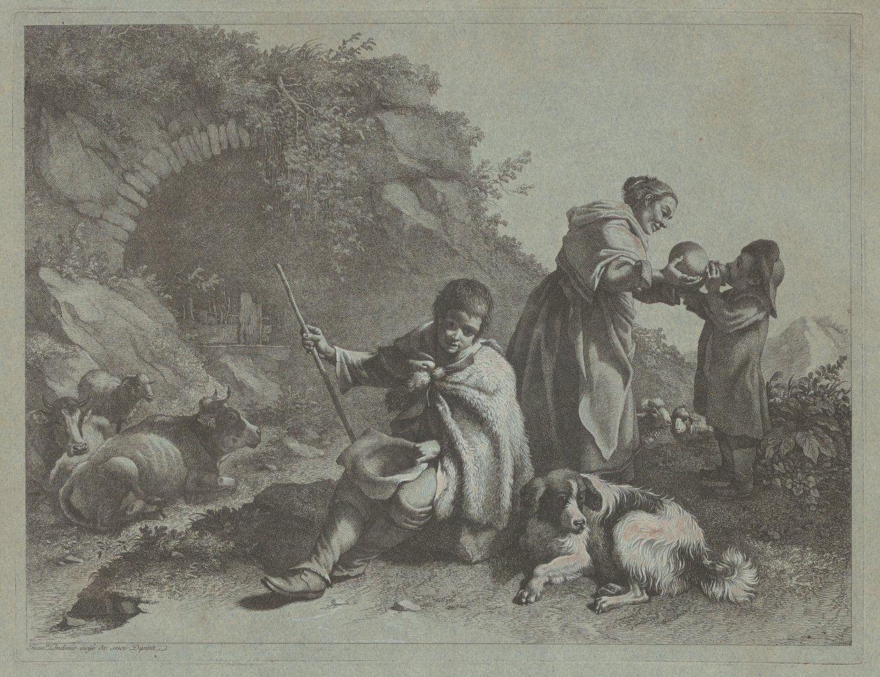 बैठा चरवाहा लड़का और महिला एक बच्चे को शराब पिलाते हुए, 17591782। द्वारा फ्रांसेस्को लंदनियो