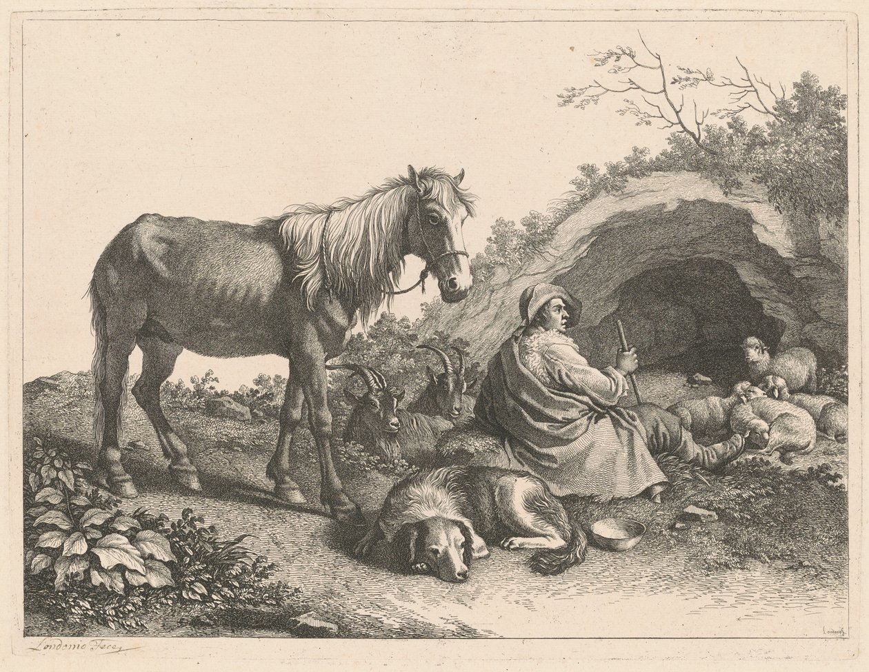 1776 के बाद घोड़े, कुत्ते, बकरियों और भेड़ों के साथ बैठे हुए चरवाहे। द्वारा फ्रांसेस्को लंदनियो