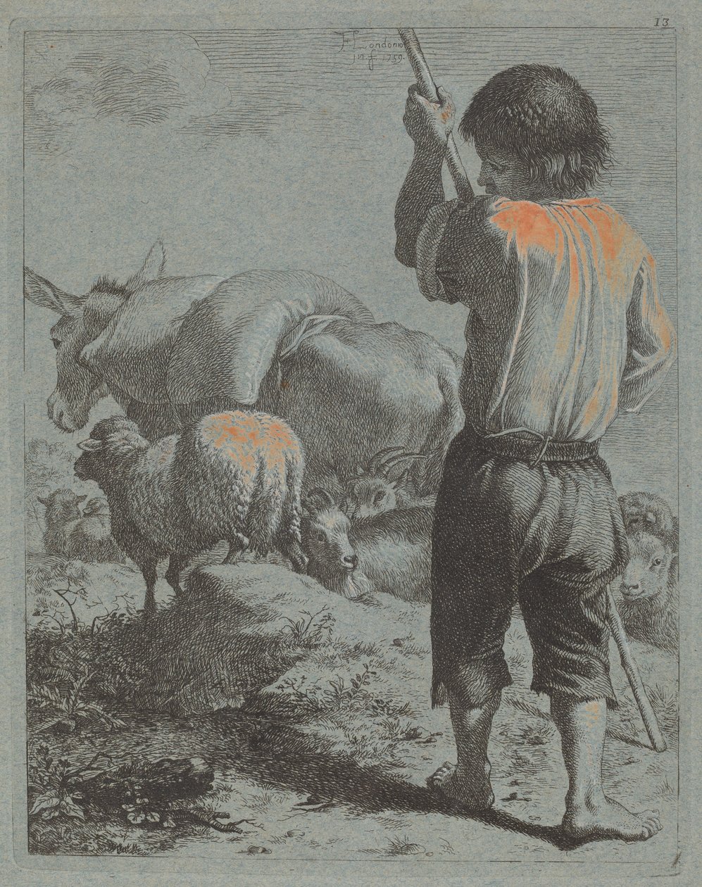 गदहे, भेड़ और बकरी के साथ चरवाहा, 1759। द्वारा फ्रांसेस्को लंदनियो