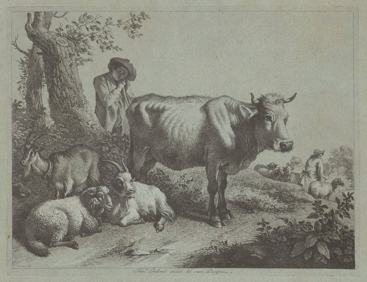1760 के झुंड के साथ खड़ी गाय और एक चरवाहा लड़का। द्वारा फ्रांसेस्को लंदनियो
