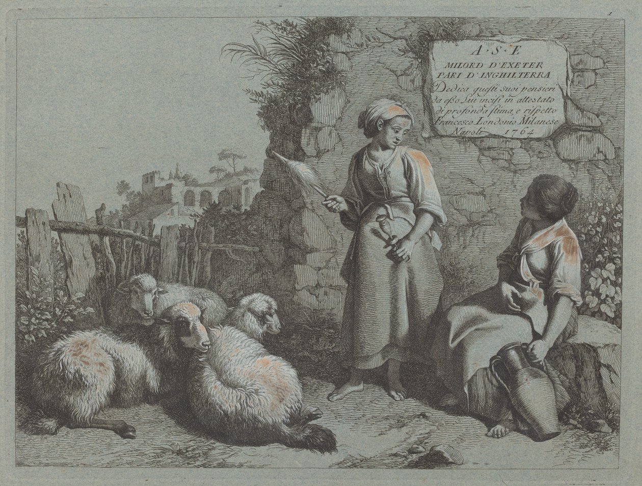 दो लड़कियों की बातचीत: एक खड़ी और घूमती हुई, 1764। द्वारा फ्रांसेस्को लंदनियो
