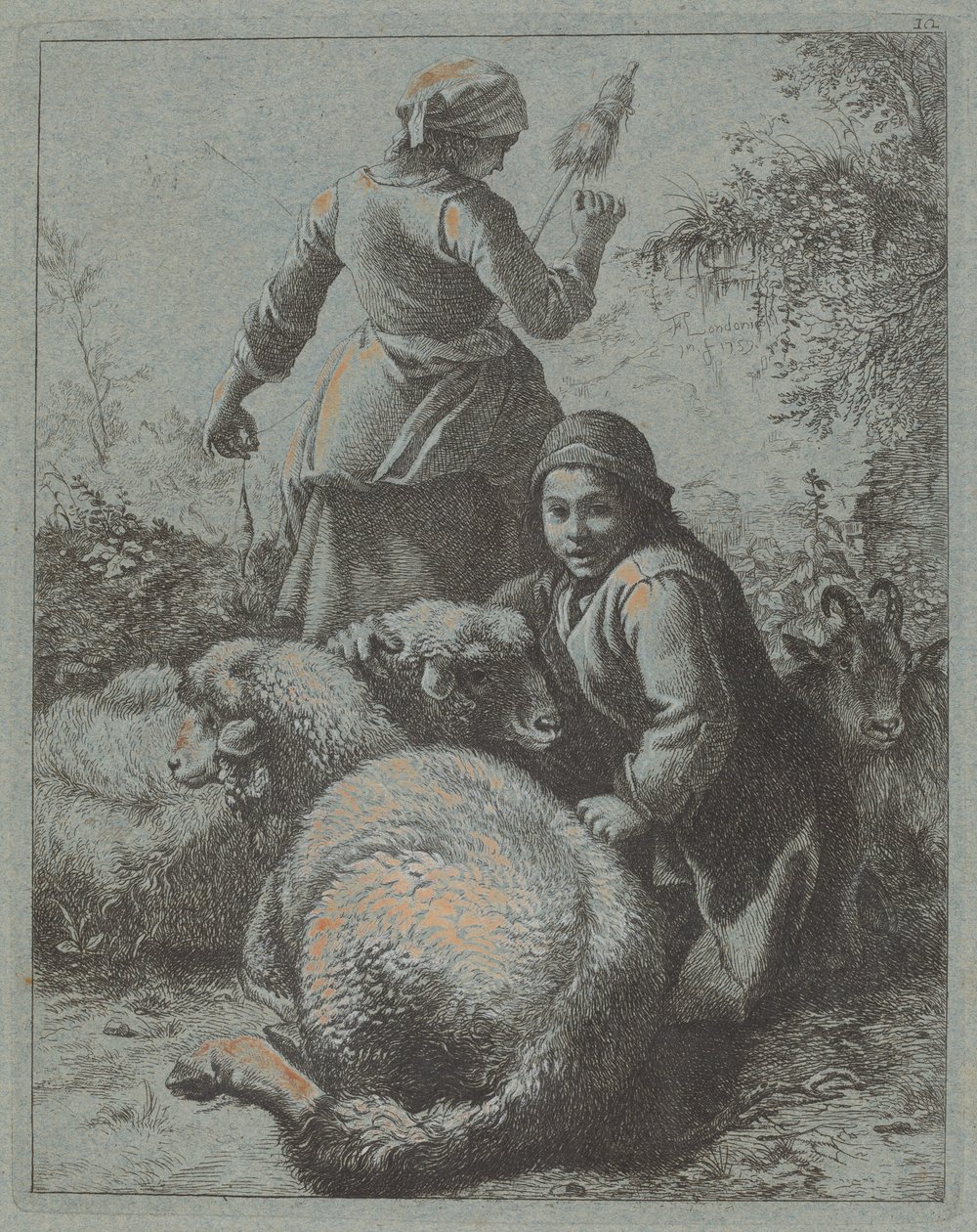 महिला स्पिनर और झुंड के साथ एक चरवाहा, 17581759। द्वारा फ्रांसेस्को लंदनियो