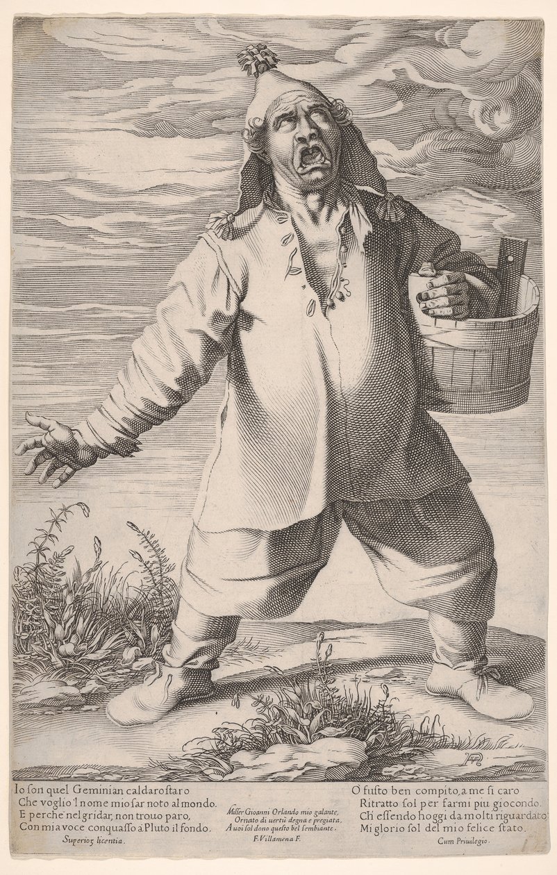 Geminiano Caldarostaro रो रही है और एक टब पकड़े हुए, एक लटकन टोपी के साथ, ca. 1597-1601। द्वारा फ्रांसेस्को विल्मेना