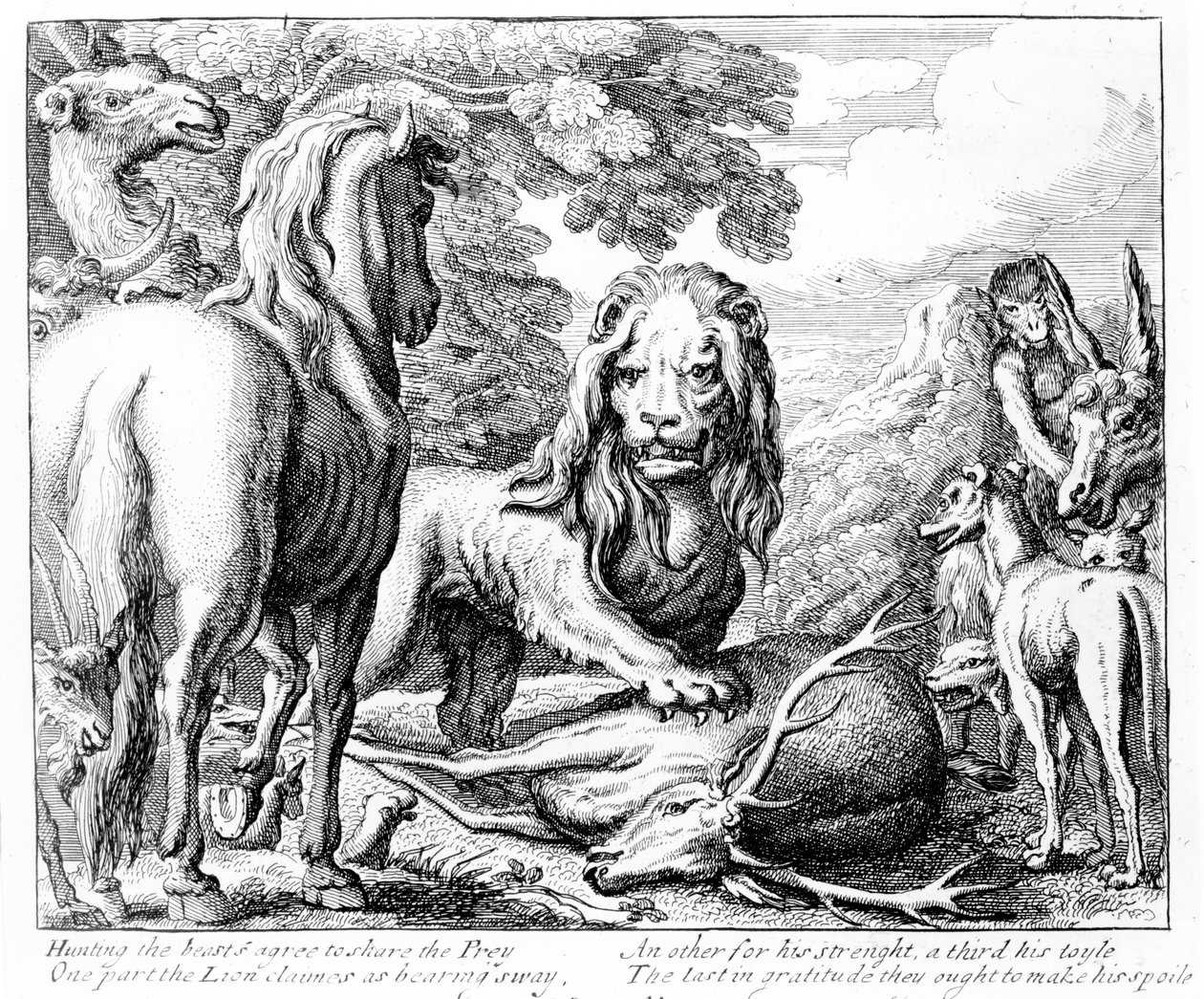 द लायन का हिस्सा, &39;ईसप की दंतकथाएँ&39;, 1687 का चित्रण द्वारा फ्रांसिस बार्लो