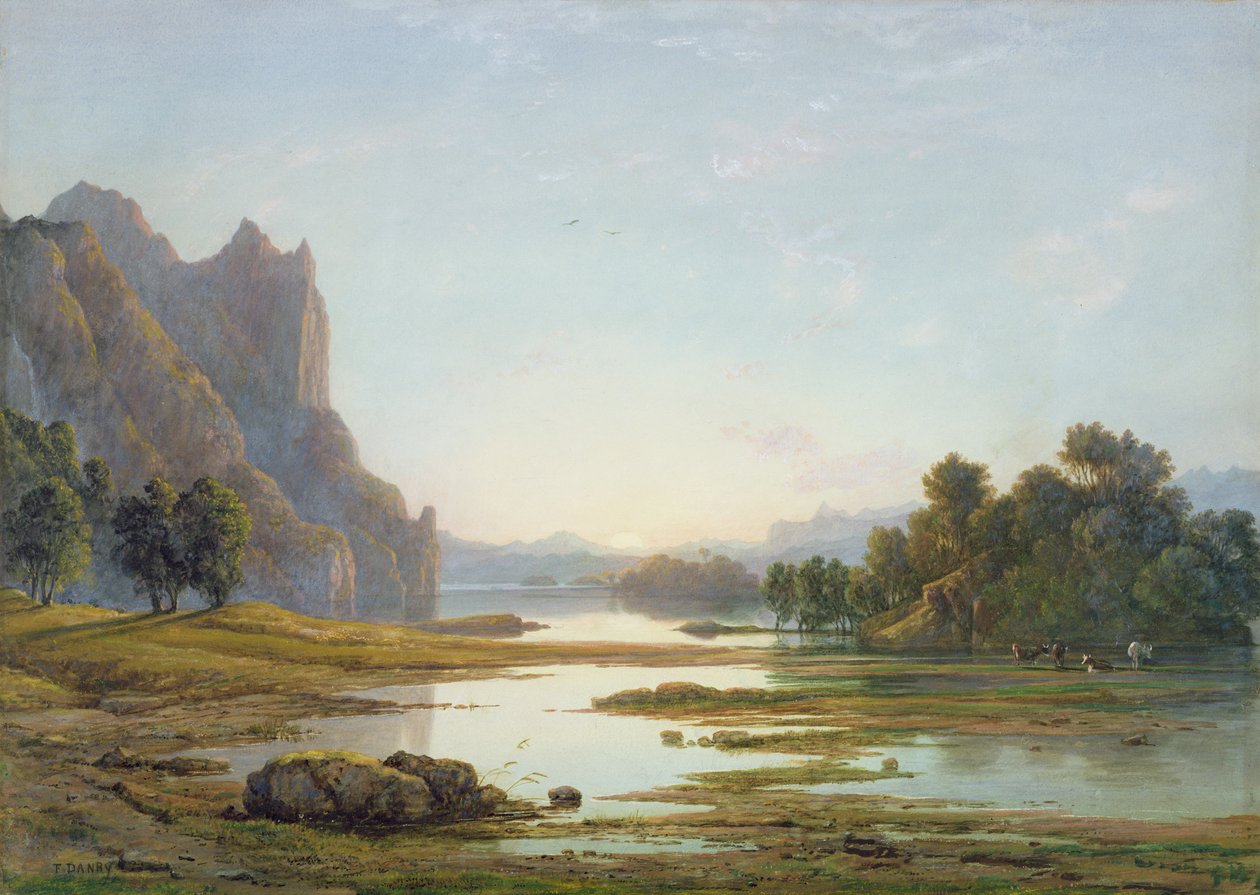 एक नदी लैंडस्केप पर सूर्यास्त, c.1840 (कागज पर ग्रेफाइट से अधिक बॉडीकोल के साथ) द्वारा फ्रांसिस डेनबी