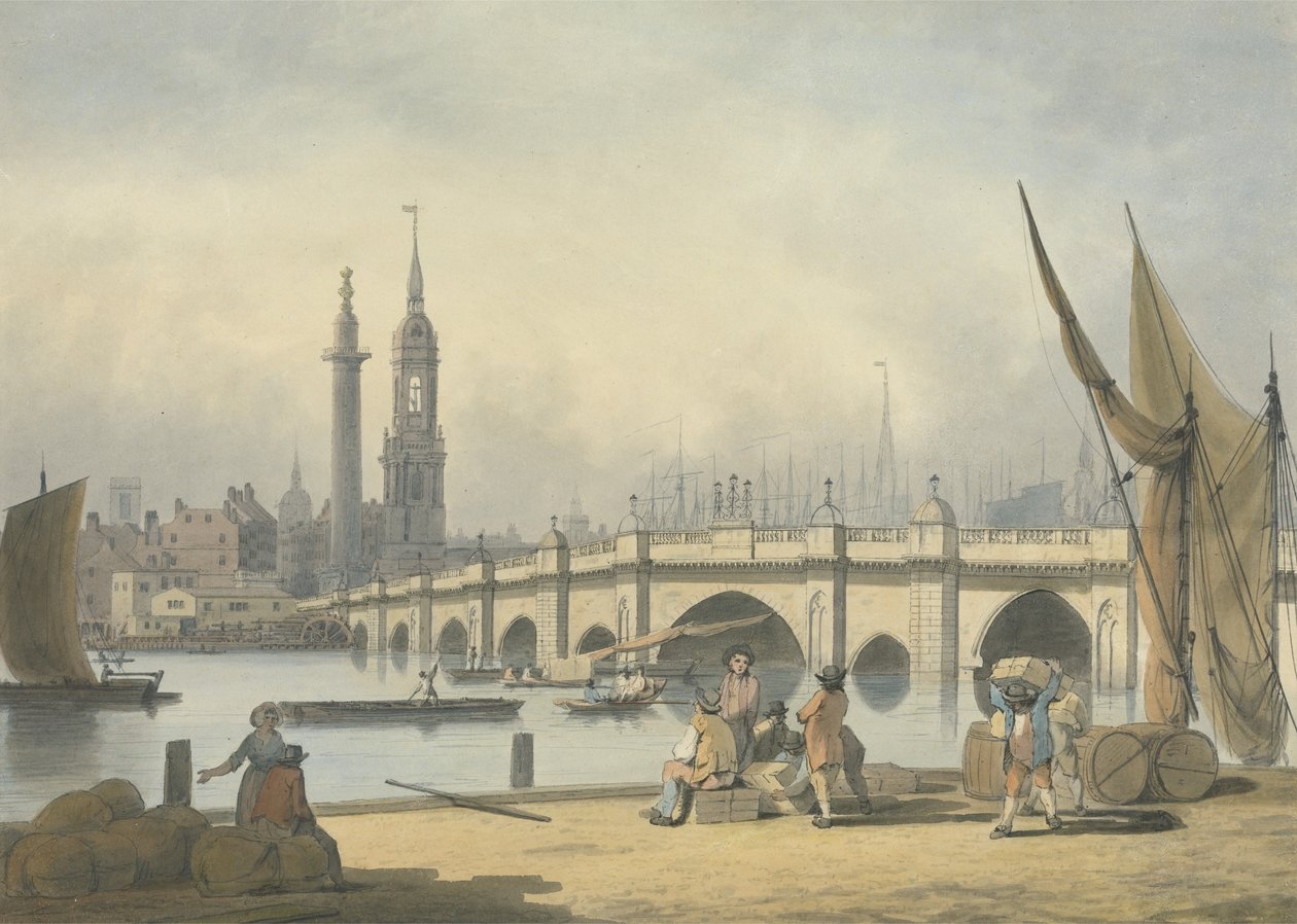 लंदन ब्रिज और स्मारक, c.1795 (कागज पर ग्रेफाइट, wc और स्याही) द्वारा फ्रांसिस निकोलसन