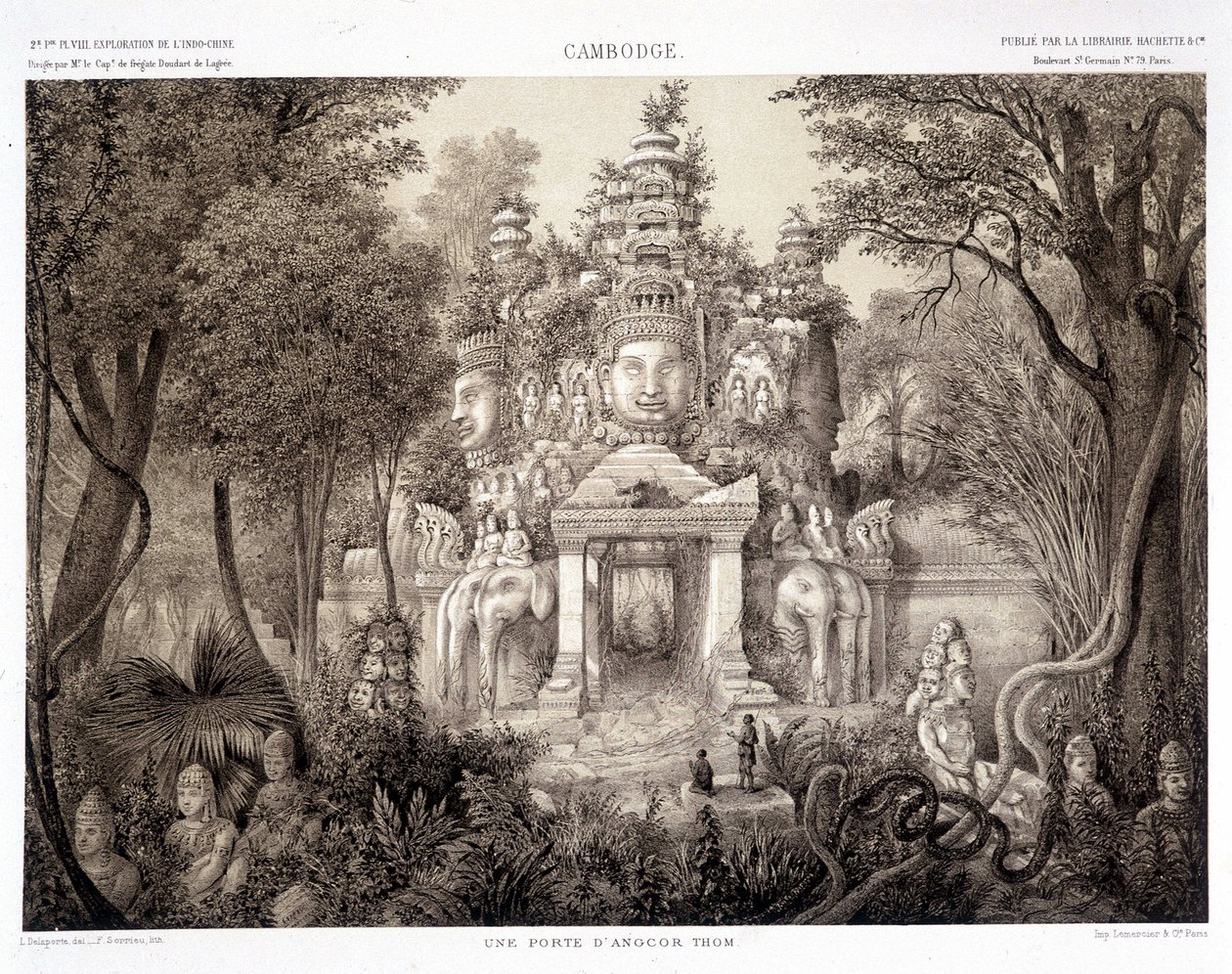 ए गेट ऑफ़ अंगकोर थॉम, सीए. 1870 - फ्रांसिस गार्नियर पेरिस द्वारा "" इंडोचाइना में अन्वेषण की यात्रा 1866-1868 "" में द्वारा फ्रांसिस गार्नियर