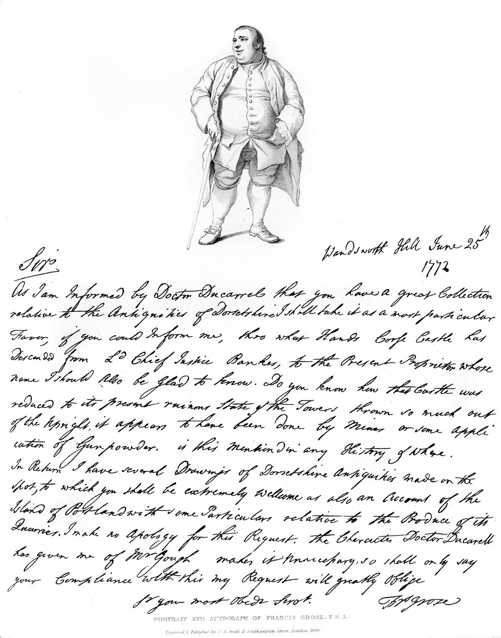 फ्रांसिस ग्रो का एक पत्र और चित्र, 1772, 1840। द्वारा फ्रांसिस ग्रोसे