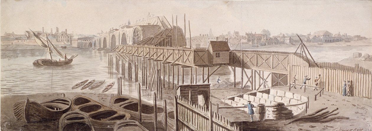 ब्लैकफ्रायर्स ब्रिज का निर्माण, c1762 द्वारा फ्रांसिस ग्रोसे