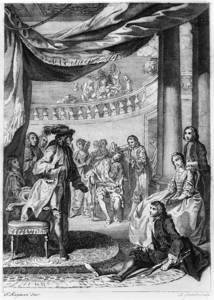 विलियम शेक्सपियर (1564-1616) द्वारा &39;हेमलेट&39; से प्ले सीन, ह्यूबर्ट ग्रेवेलॉट (1699-1773) द्वारा उकेरा गया द्वारा फ्रांसिस हेमैन