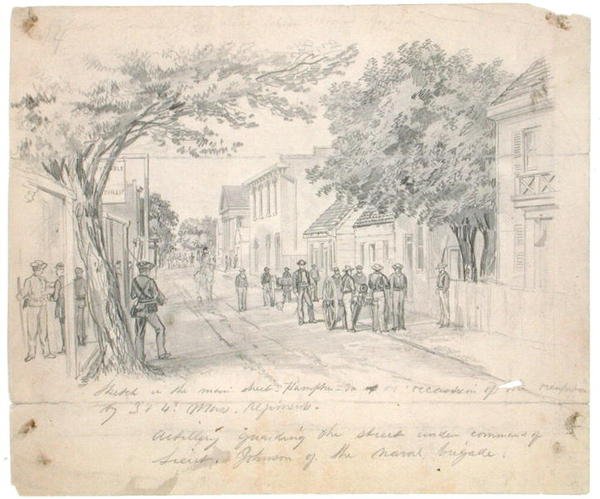 'मेन स्ट्रीट, हैम्पटन, वर्जीनिया ... सड़क की रखवाली करने वाला तोपखाना' c.1860 (कागज पर पेंसिल) द्वारा फ्रांसिस स्कैल