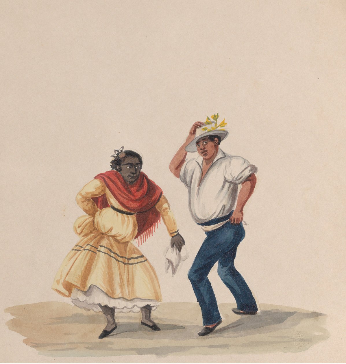 पेरू की पोशाक, 1848 को दर्शाने वाले चित्रों के एक समूह से एक पुरुष और एक महिला नृत्य करते हुए। द्वारा फ्रांसिस्को
