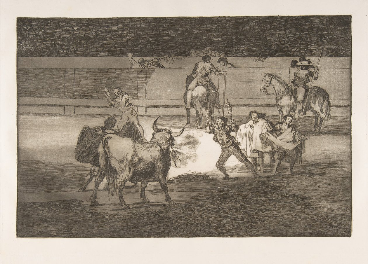 टॉरोक्विया की प्लेट 31: पटाखों के साथ बैंडेरिल्स।, 1816। द्वारा फ़्रांसिस्को डी गोया