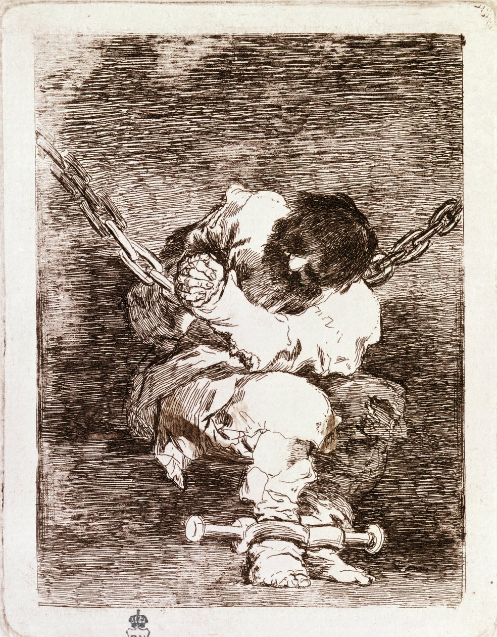 कैदी की जंजीर में बैठना - सुरक्षा उतनी ही बर्बर है जितना कि अपराध। (उत्कीर्णन द्वारा फ़्रांसिस्को डी गोया