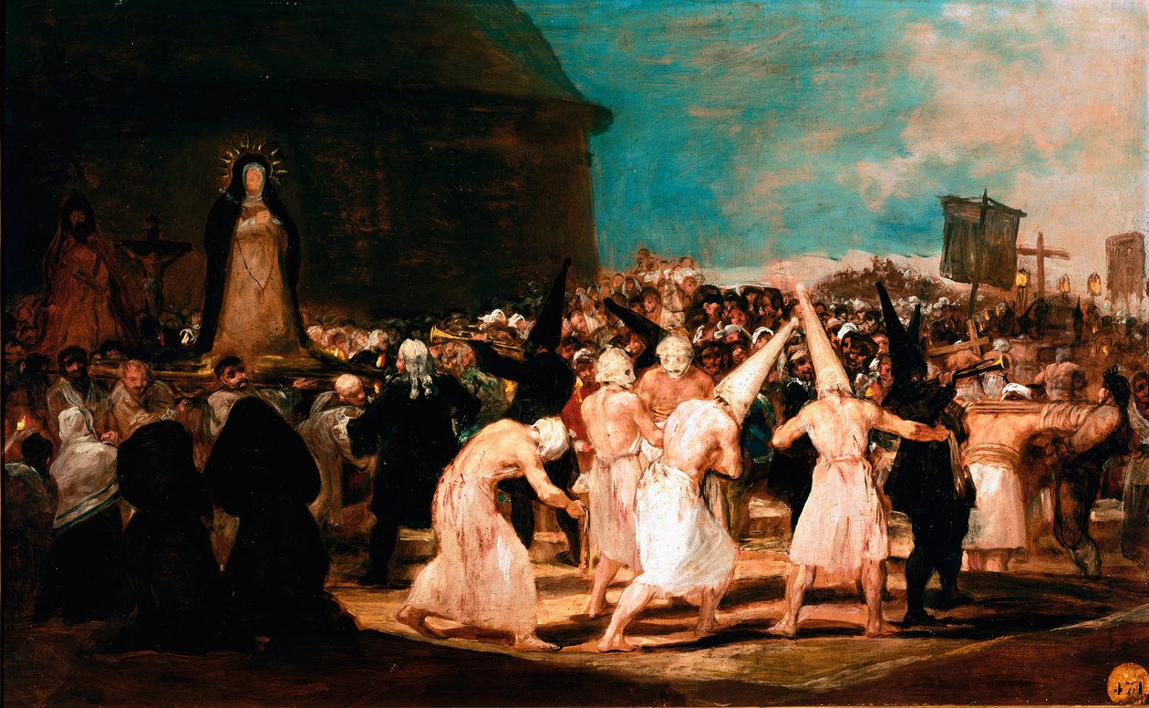 सैन फर्नांडो अकादमी के सामाजिक विषय: "" एक गांव में ध्वजवाहकों का जुलूस"" फ्रांसिस्को गोया वाई लुसिएंट्स द्वारा पेंटिंग (1746-1828) 1812-1814 मंद। 45x72 सेमी मैड्रिड, सैन फर्नांडो की अकादमी द्वारा फ़्रांसिस्को डी गोया