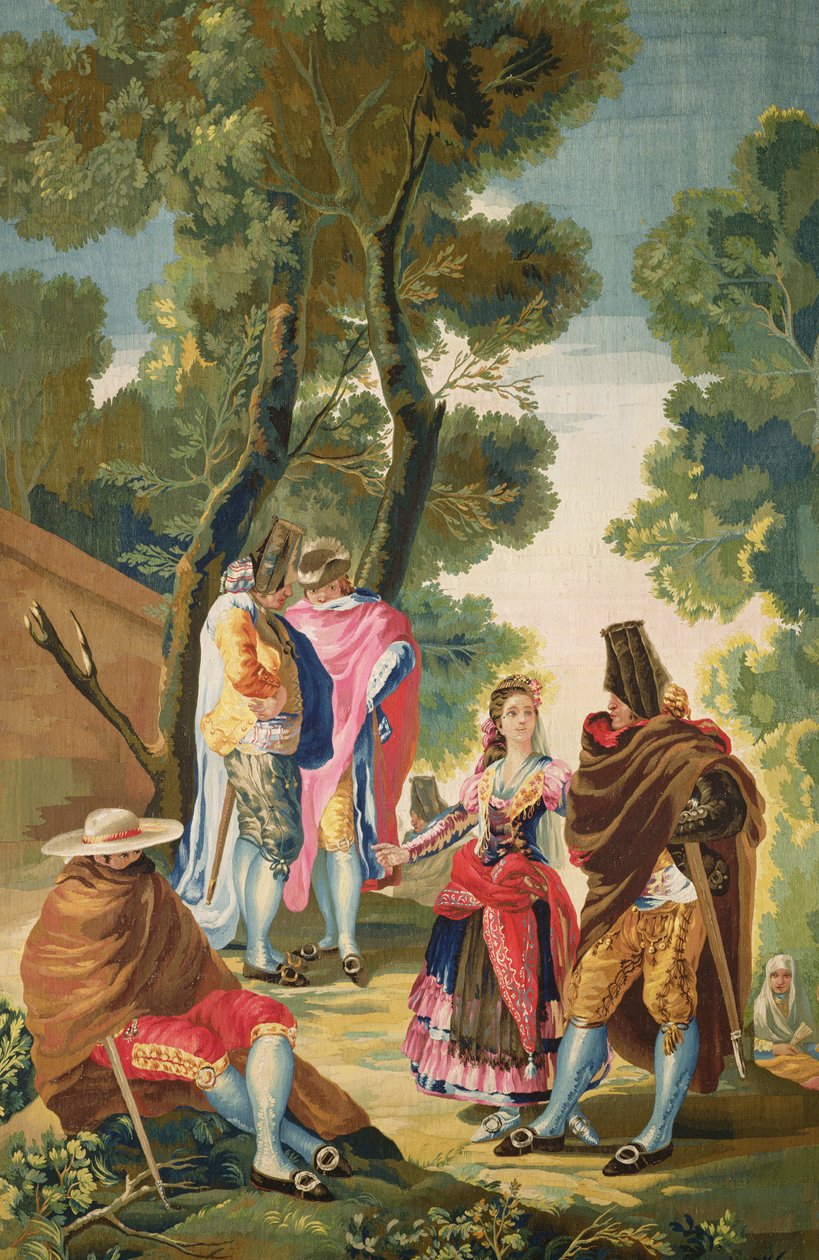 ए मेजा एंड द मास्कड मेन, c.1777 (टेपेस्ट्री) द्वारा फ़्रांसिस्को डी गोया