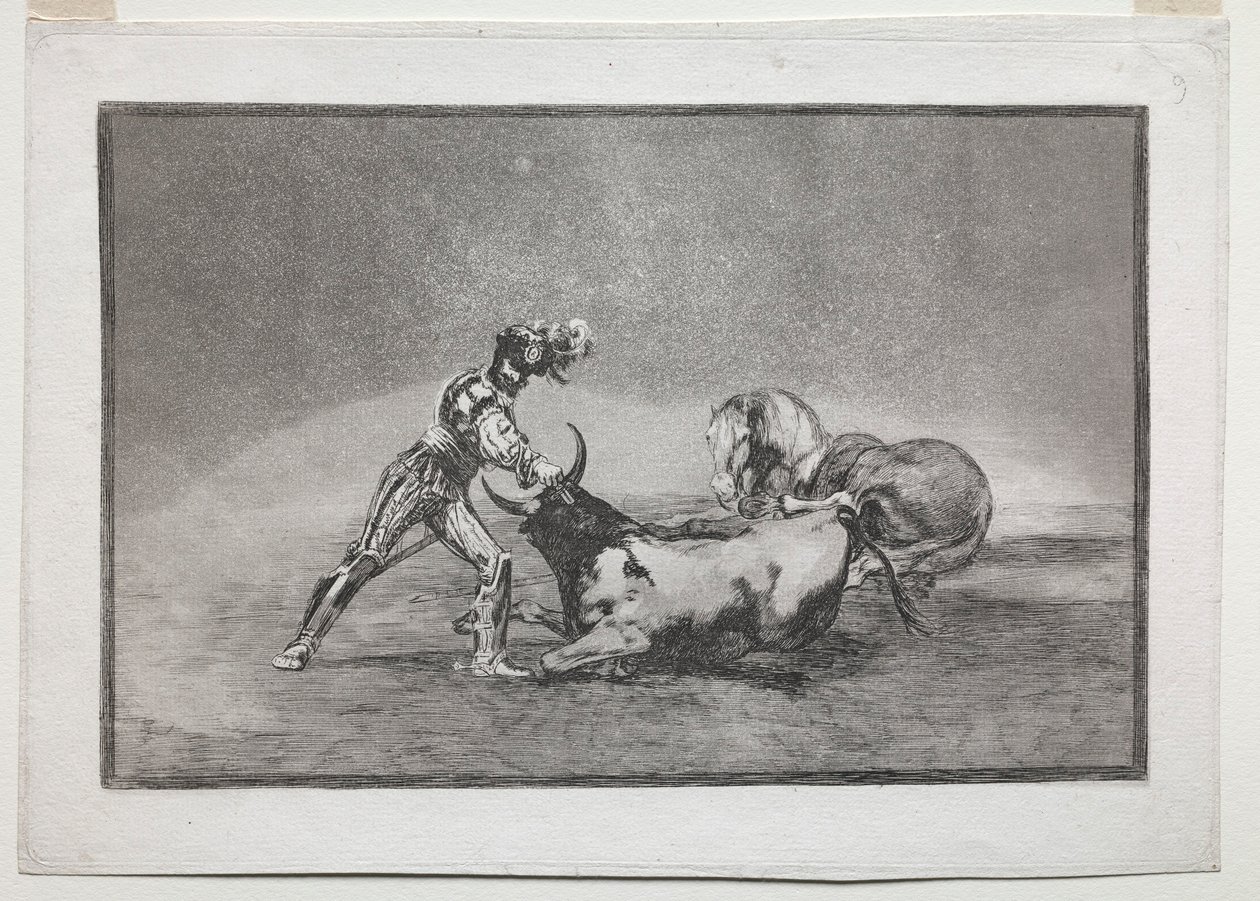 La Tauramaquia: एक स्पेनिश नाइट ने अपने घोड़े को खोने के बाद बुल को मार दिया, 1815-1816। द्वारा फ़्रांसिस्को डी गोया
