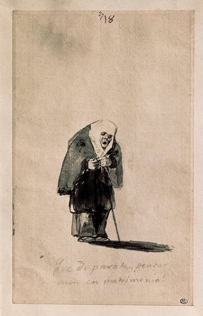 Que disparate, pensar aun en matrimonio (क्या बकवास है, अभी भी शादी के बारे में सोचना), c. 1819-23 (ब्रश, भारतीय स्याही, सफेद कागज पर काले पत्थर से प्रारंभिक चित्र) द्वारा फ़्रांसिस्को डी गोया