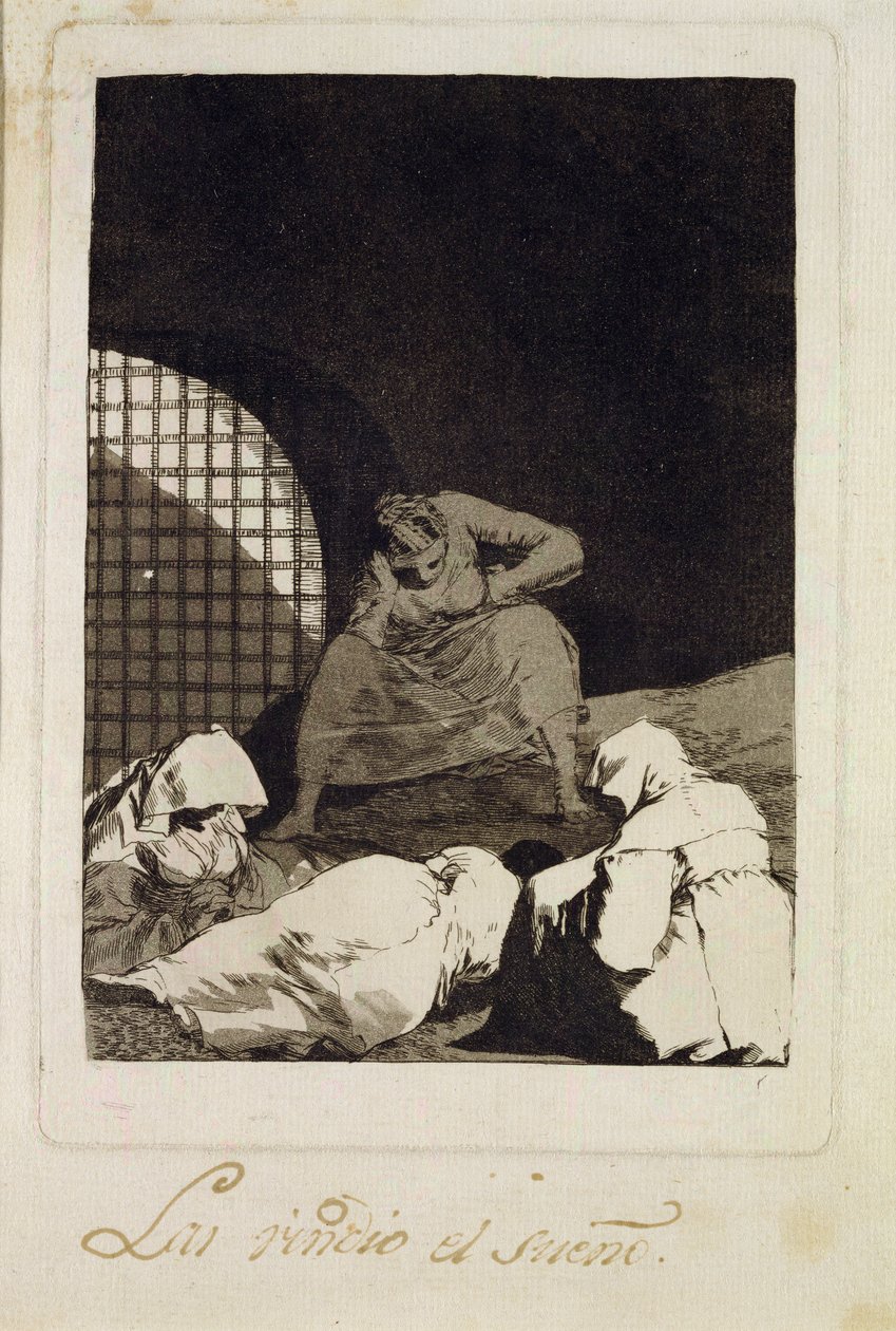 नींद उन पर हावी हो जाती है, &39;लोस कैप्रीचोस&39; के 34, 1799 (नक़्क़ाशी) द्वारा फ़्रांसिस्को डी गोया