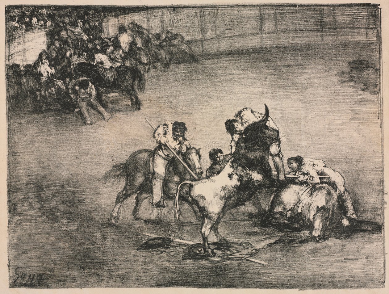 बुल्स ऑफ़ बॉरडॉ: पिकोर को एक बैल द्वारा पकड़ा गया, 1825। द्वारा फ़्रांसिस्को डी गोया