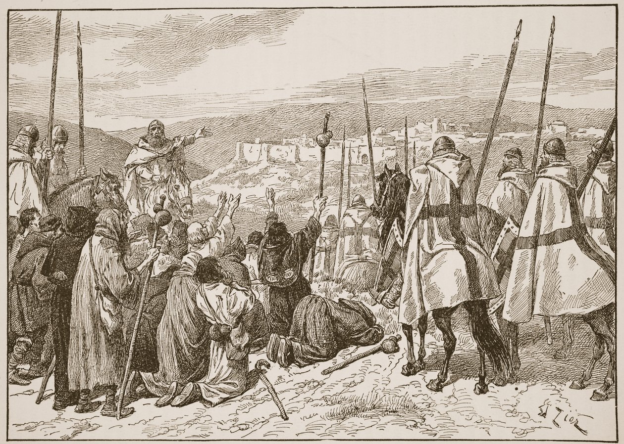 यरूशलेम की दृष्टि में शूरवीरों टेंपल्स के एस्कॉर्ट के तहत तीर्थयात्रियों, HDM Spence-Jones, पब द्वारा &39;द चर्च ऑफ़ इंग्लैंड: ए हिस्ट्री फॉर द पीपल&39; का चित्रण। c.1910 (सीपिया फोटो) द्वारा फ्रेंकोइस एडोर्ड ज़िएर