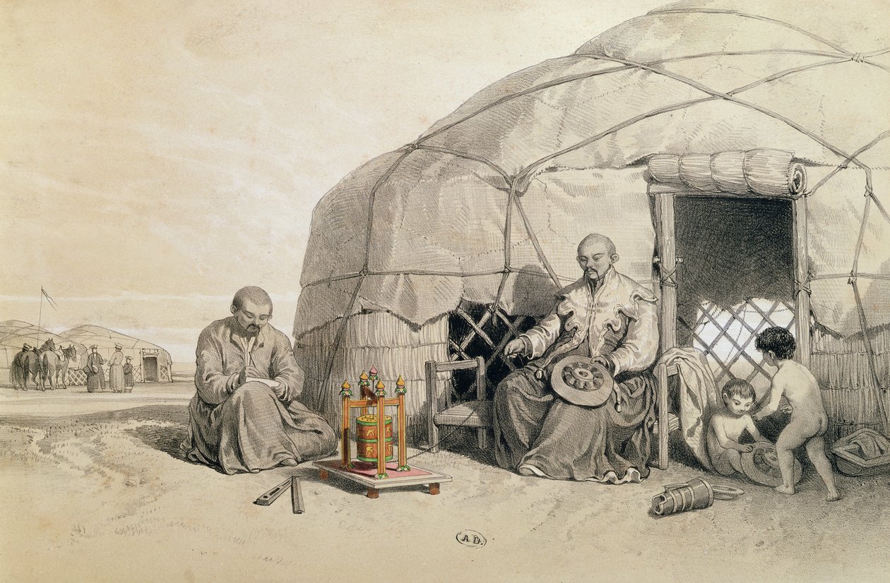 प्रार्थना व्हील, साइबेरिया के साथ कलमुक्स, जेवियर हम्मीर डी हेल (1812-48) c.1850 द्वारा &39;यात्रा से कैस्पियन सागर तक&39; चित्रण द्वारा फ्रेंकोइस फॉर्च्यून एंटोनी फेरोगियो