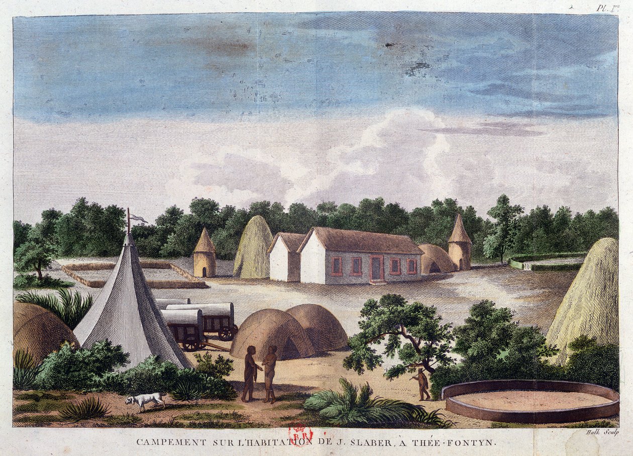 1790 में प्रकाशित, हल्क द्वारा उत्कीर्ण, केप ऑफ गुड होप, 1780-85 &39;के द्वारा अफ्रीका के आंतरिक भाग में एम। ले वैलेन्ट की यात्रा, जे-फॉनटेन में जे। स्लैबर की भूमि पर प्रदर्शनी द्वारा फ्रेंकोइस ले वैलेन्ट