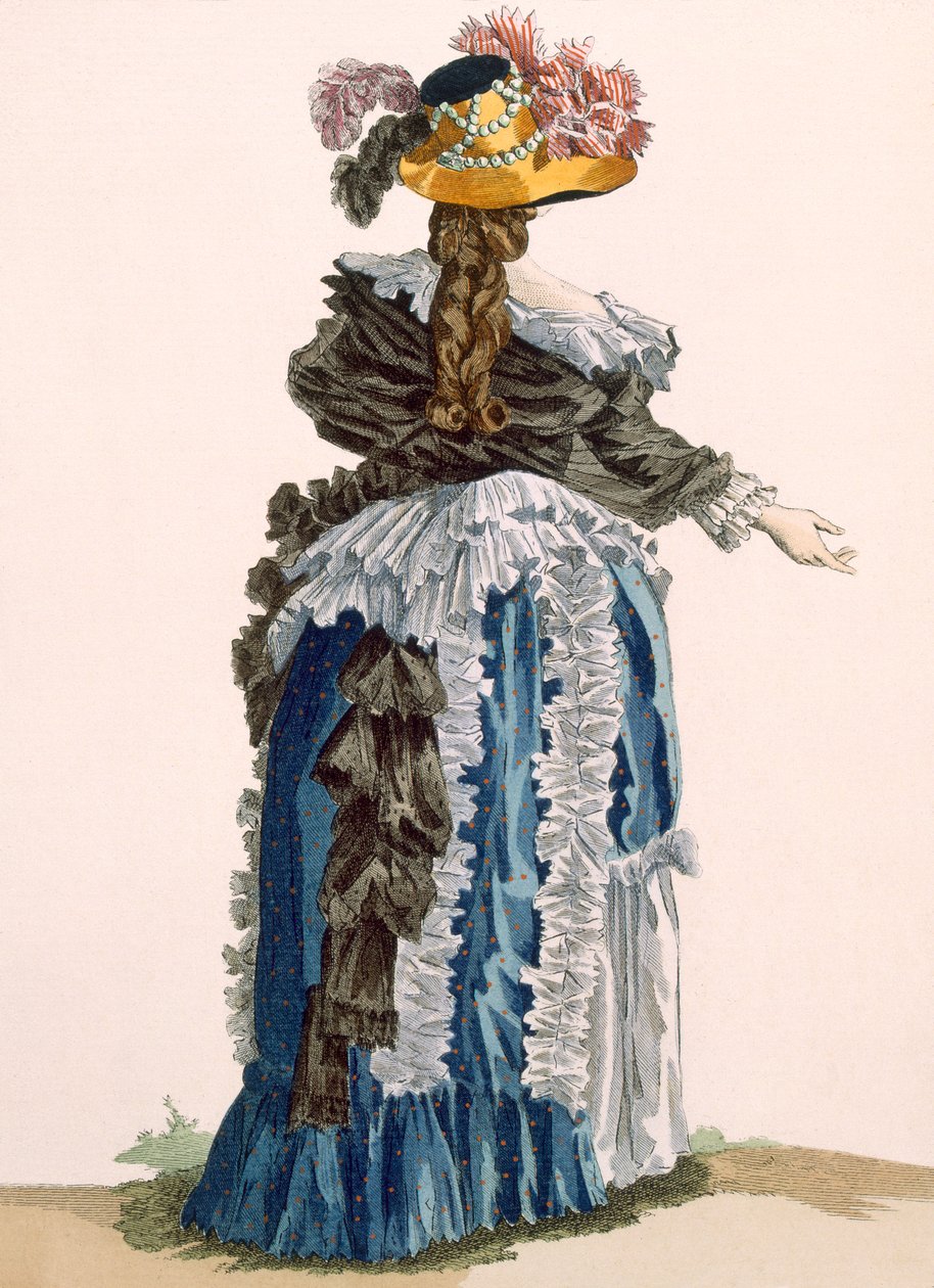 ड्यूपिन द्वारा उकेरी गई महिलाओं के गाउन के पीछे का दृश्य, &39;Galeries des Modes et Costumes Francais&39;, c.1778-87 99: कपड़ों से प्लेट नंबर 22; पारंपरिक वस्त्र; पारंपरिक पोशाक; फैशन; मैं द्वारा फ्रेंकोइस लुइस जोसेफ वत्तु