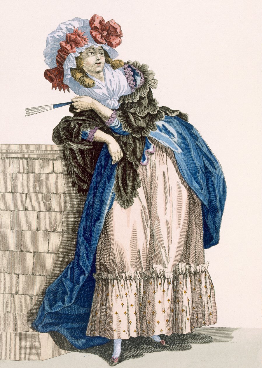डुप्लेन द्वारा उत्कीर्ण L&39;Amiable Cephise, &39;Galeries des Modes et Costumes Francais&39;, c.1778-87 99: कपड़ों से प्लेट no.205; पारंपरिक वस्त्र; पारंपरिक पोशाक; फैशन; illust द्वारा फ्रेंकोइस लुइस जोसेफ वत्तु
