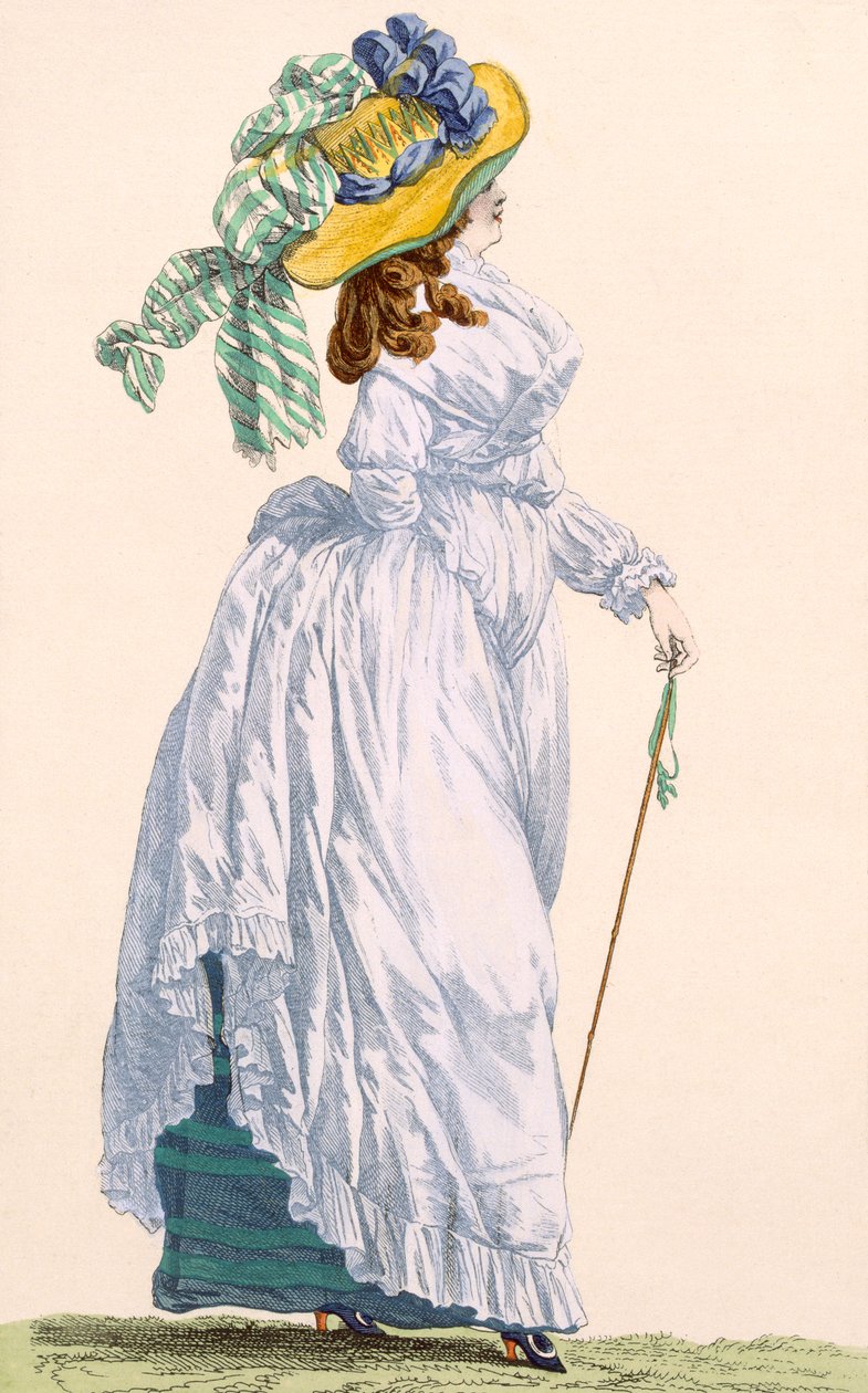 हरे रंग के अंडरशर्ट के साथ स्काई ब्लू प्रोमेनेड ड्रेस, ले ब्यू द्वारा उकेरी गई, &39;गल्र्स डेस मोड्स एट कॉस्ट्यूम्स फ्रेंकिस&39; से प्लेट नं .252, c.1778-87 99: कपड़े; पारंपरिक वस्त्र; traditi द्वारा फ्रेंकोइस लुइस जोसेफ वत्तु