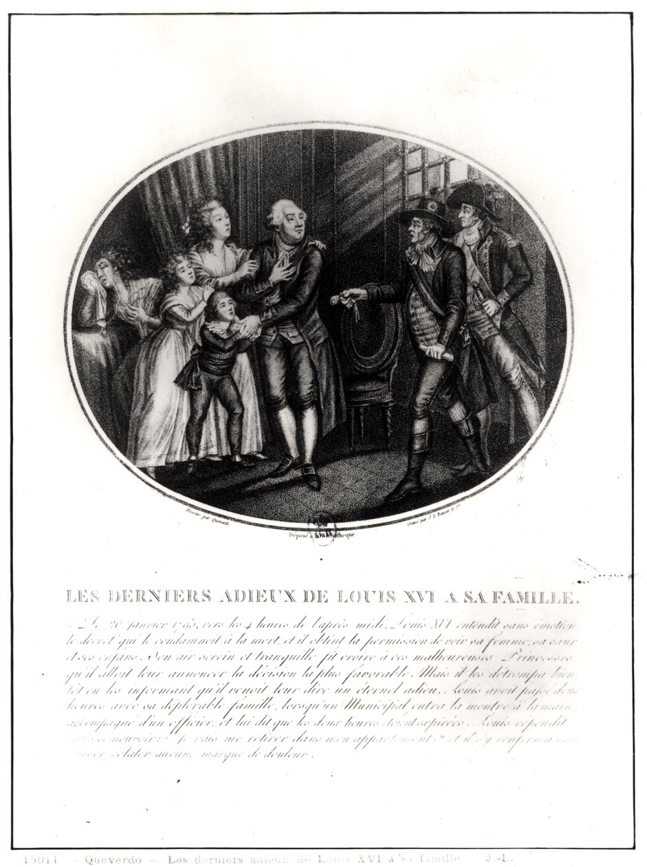 जेएल बेनोइस्ट (fl.1800-40) द्वारा उकेरे गए अपने परिवार के लिए लुईस XVI (1754-93) के अंतिम गुडबाय्स, 20 जनवरी 1793 द्वारा फ्रेंकोइस मारिया इसिडोर क्वेवरडो