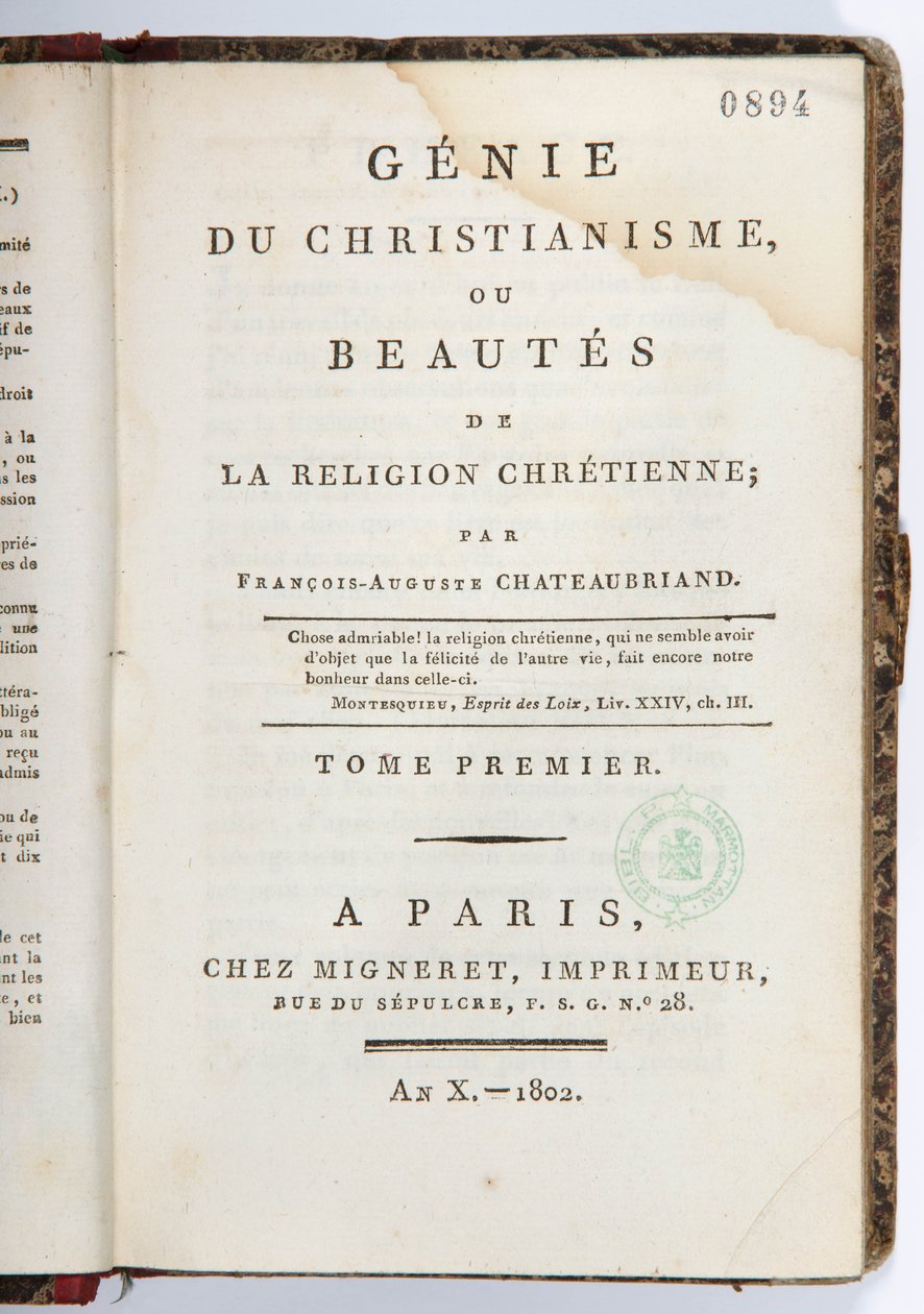 &39;जिनी डू क्रिश्चियनिज्म या ब्यूटीज़ डे ला रिलिजन चेरिटिएन&39; का शीर्षक पृष्ठ, वॉल्यूम I, चेज़ मिग्नरेट इम्पीमुर, पेरिस, 1802 (मुद्रित पत्र) द्वारा फ्रेंकोइस रेने वेकोमटे डे चेटेउब्रिएंड