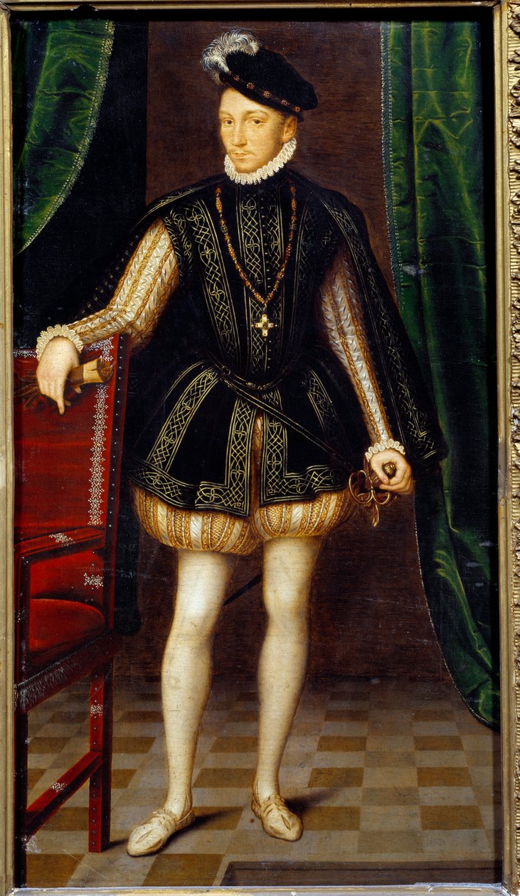 फ्रांस के राजा चार्ल्स IX (1550 - 1574) के पैर में पोर्ट्रेट। फ्रेंकोइस क्लॉएट की कार्यशाला की पेंटिंग (1515-1572) द्वारा फ्रेंकोइस (कार्यशाला की) कोठरी