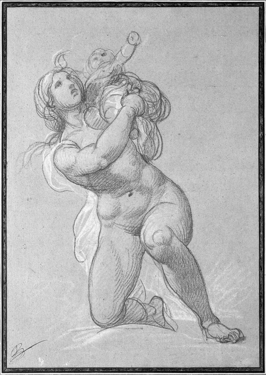 एक बच्चे को पकड़े हुए नग्न महिला को घुटने टेकते हुए, c.1781 (कागज पर लाल क्रेयॉन और सफेद चाक) द्वारा फ्रांकोइस आंद्रे विंसेंट