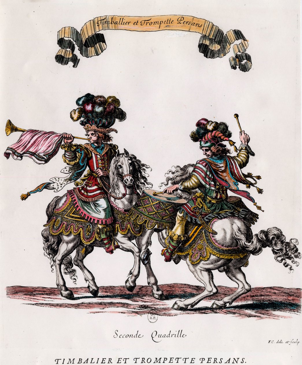 राजा लुई XIV (1639-1715) द्वारा दिए गए हिंडोला के दौरान फ़ारसी टिम्बलियर और तुरही फ्रेंकोइस चौवेउ द्वारा उत्कीर्णन (1613-1676) लगभग 1662 निजी संग्रह द्वारा फ्रेंकोइस चौवेउ