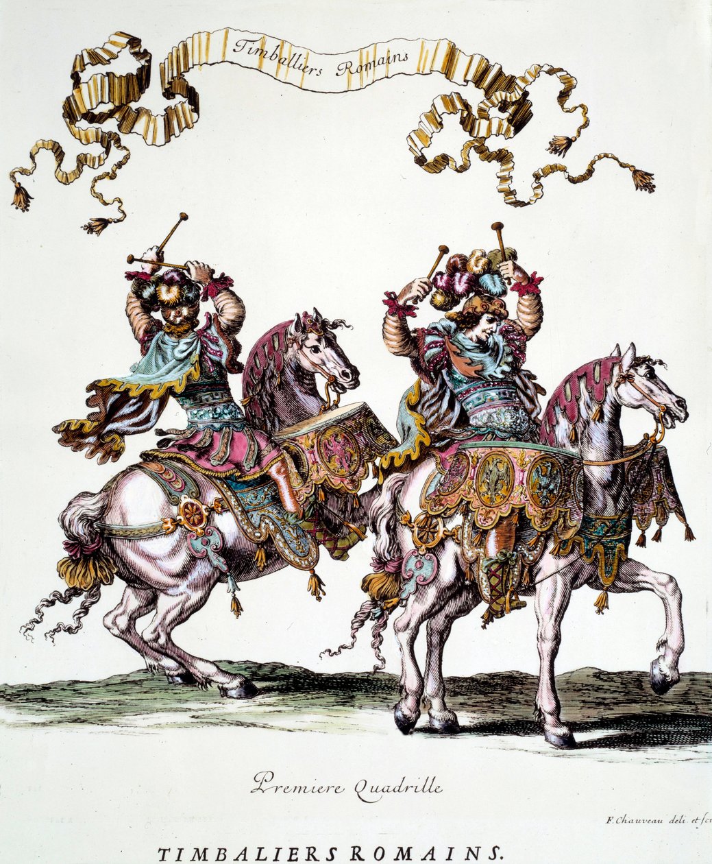 1662 में किंग लुई XIV (1638-1715) द्वारा दिए गए हिंडोला के दौरान रोमन टिम्बलियर्स फ्रेंकोइस चौवेउ द्वारा उत्कीर्णन (1613-1676) 17 वीं शताब्दी का निजी संग्रह द्वारा फ्रेंकोइस चौवेउ