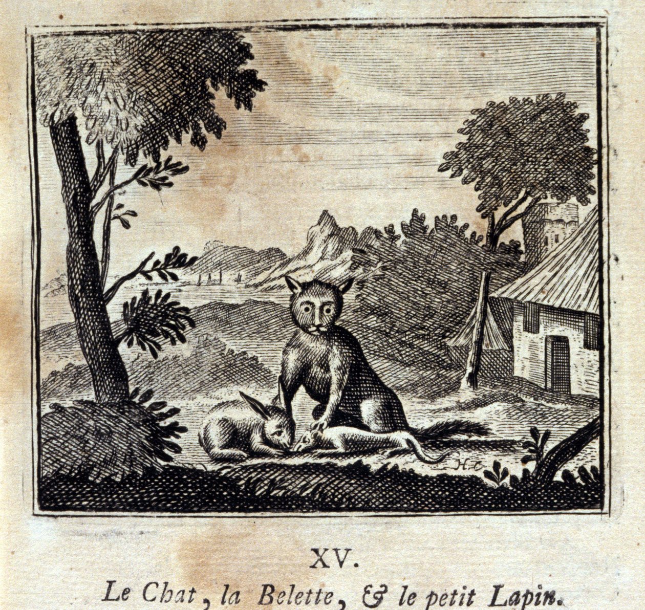 बिल्ली, नेवला और छोटा खरगोश। जीन डे ला फोंटेन द्वारा दंतकथाएं (1621-95)। फ्रांकोइस चौवेउ (1613-1676) द्वारा चित्रण। 1728 का संस्करण। द्वारा फ्रेंकोइस चौवेउ