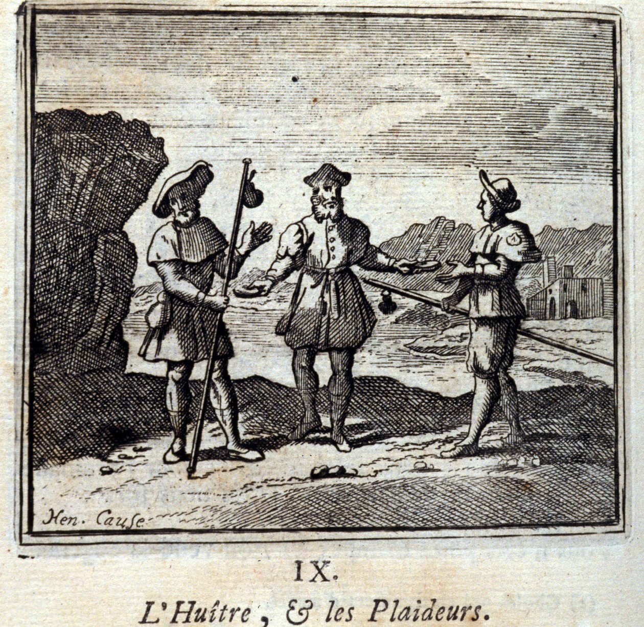 ऑयस्टर और लिटिगेंट्स। जीन डे ला फोंटेन द्वारा दंतकथाएं (1621-95)। फ्रांकोइस चौवेउ (1613-1676) द्वारा चित्रण। 1728 का संस्करण। द्वारा फ्रेंकोइस चौवेउ
