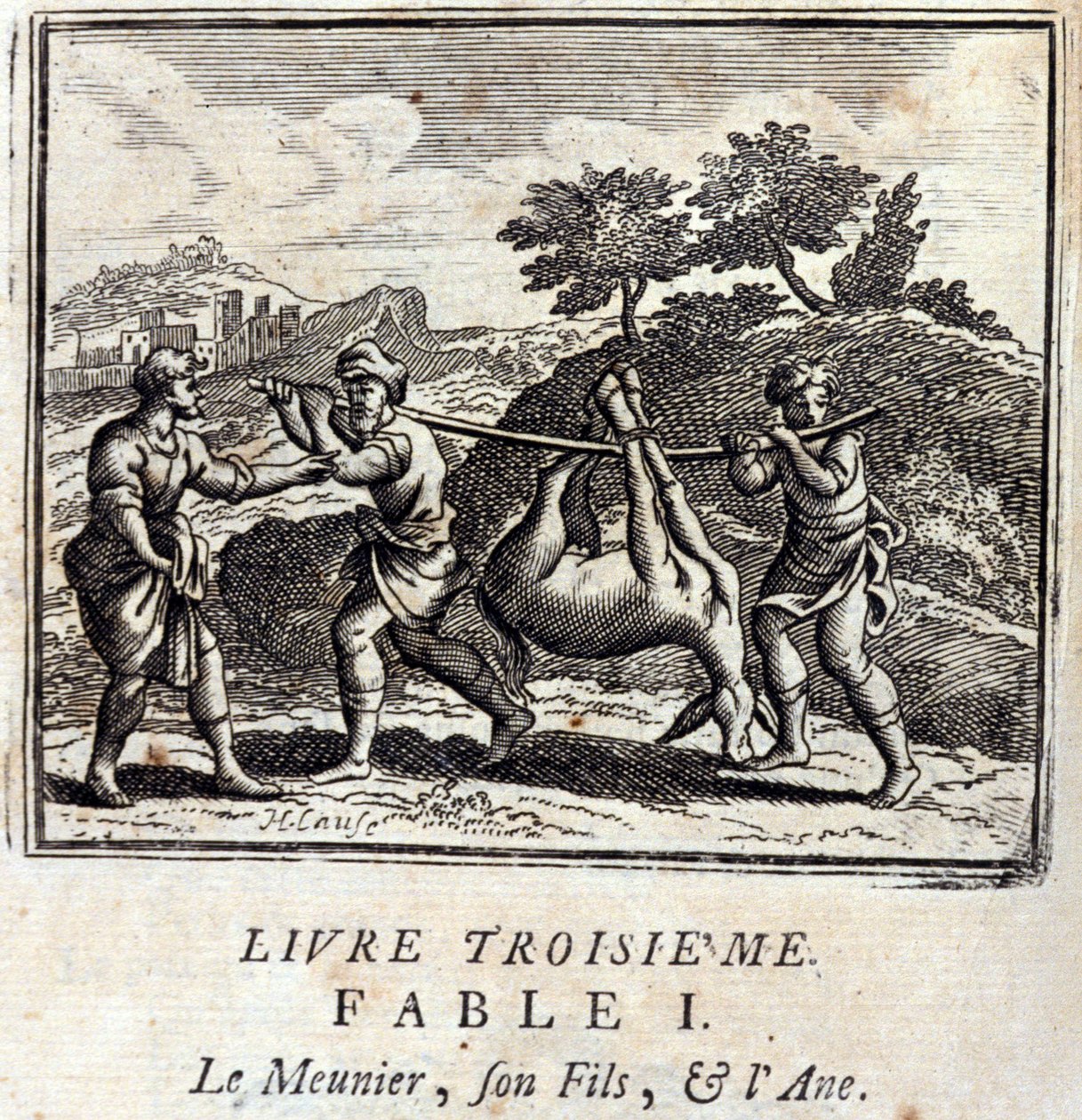 चूसने वाला उसका बेटा और गधा। जीन डे ला फोंटेन द्वारा दंतकथाएं (1621-95)। फ्रांकोइस चौवेउ (1613-1676) द्वारा चित्रण। 1728 का संस्करण। द्वारा फ्रेंकोइस चौवेउ