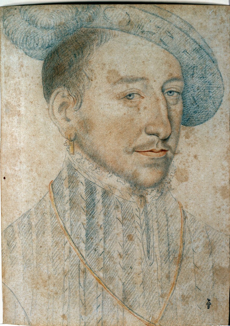 फ्रांस के राजा हेनरी द्वितीय (1519 - 1559) का पोर्ट्रेट। फ्रेंकोइस क्लॉएट द्वारा काले पत्थर और रक्त के साथ चित्र बनाना (1515-1572) द्वारा फ्रांकोइस क्लाउड