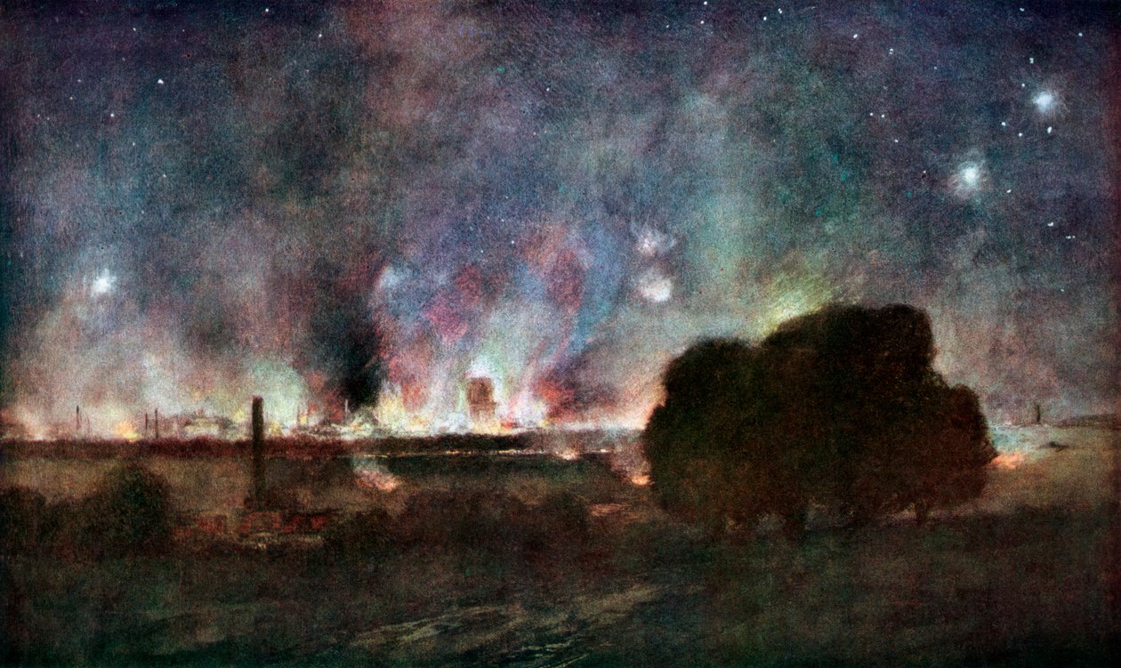 एरास ऑन फायर एट नाइट, फ्रांस, 5-6 जुलाई 1915, 1926। द्वारा फ़्राँस्वा फ्लेमेंग