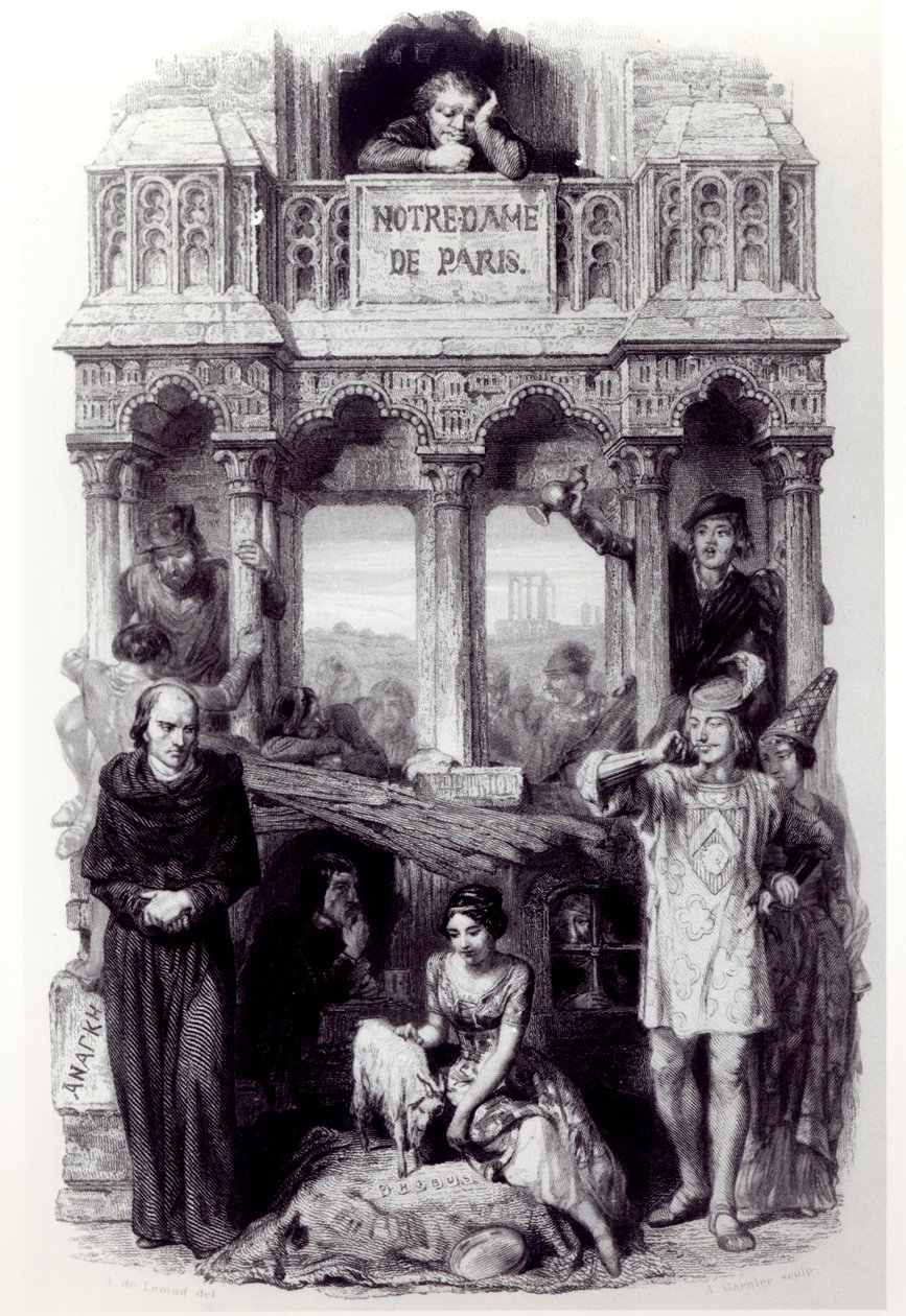 अगस्टे फ्रैंकोइस गार्नियर, 1844 द्वारा उत्कीर्ण विक्टर ह्यूगो (1802-85) द्वारा &39;नोट्रे डेम डे पेरिस&39; (1831) द्वारा फ्रेंकोइस जोसेफ एइम डी लेमुद